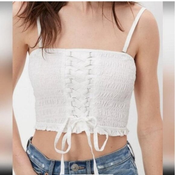 American Eagle White Smocked Lace-Up Tube Top Crop New NWT Size Small Boho Beach - Picture 8 of 8